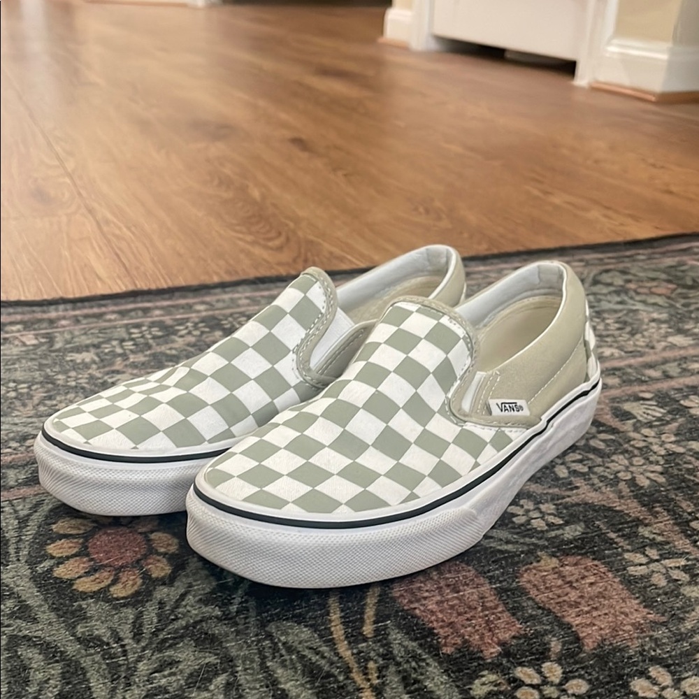 Vans Green and White Checkered Slip-Ons
